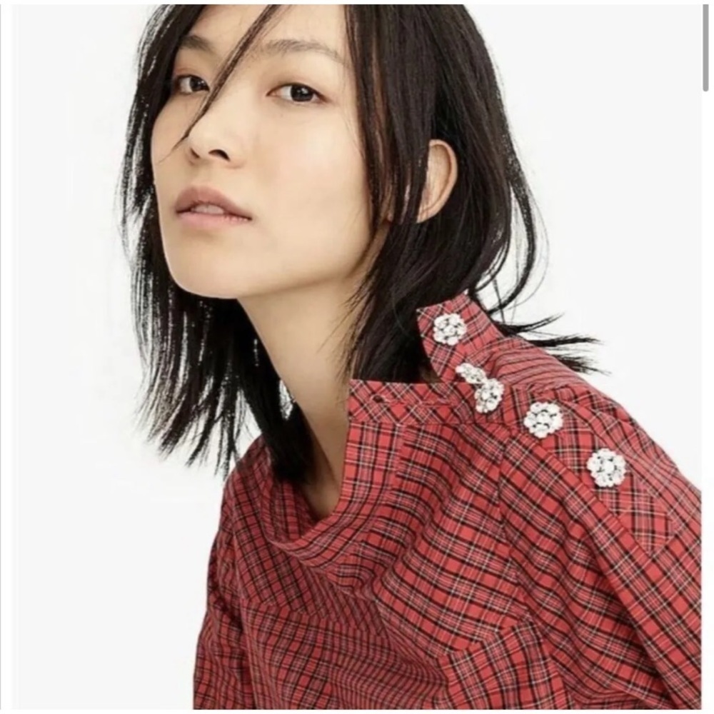 JCREW Holiday Red Tartan Jeweled Shoulder High Low shirt size 4P